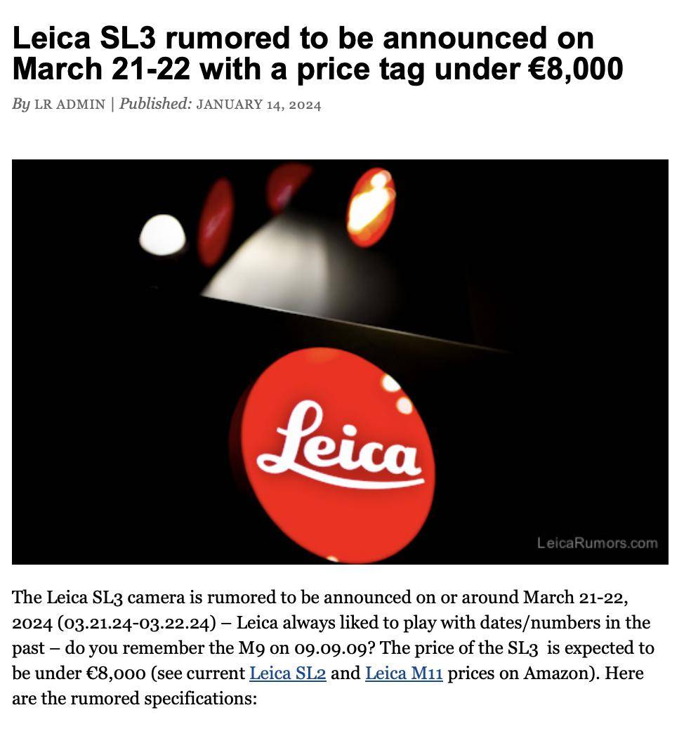 消息称徕卡 SL3 相机定档 3 月 21 日发布，价格低于 8000 欧元