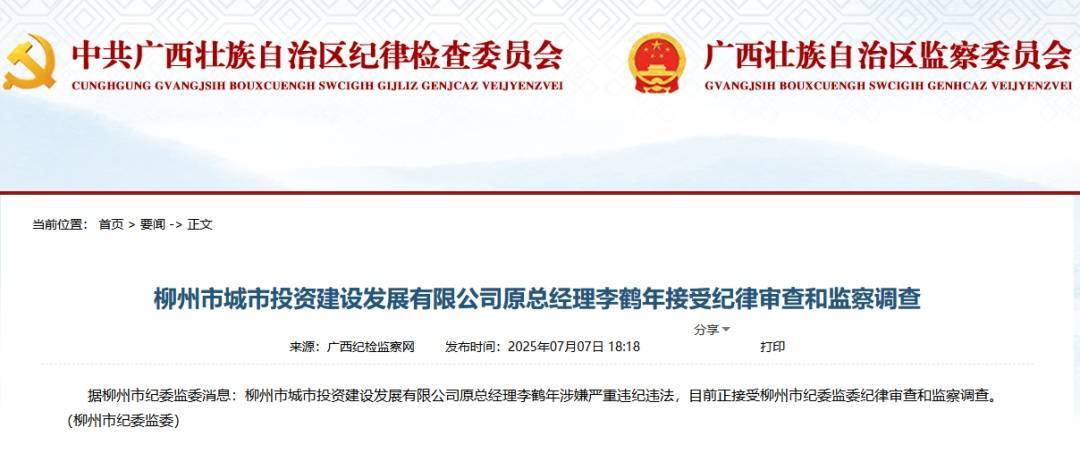柳州市城市投资建设发展有限公司原总经理李鹤年被开除党籍，取消退休待遇