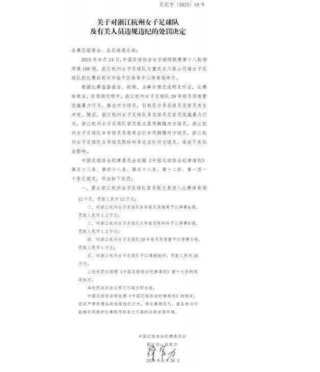 中国足协重罚“女足赛场冲突”，多人被禁赛、罚款